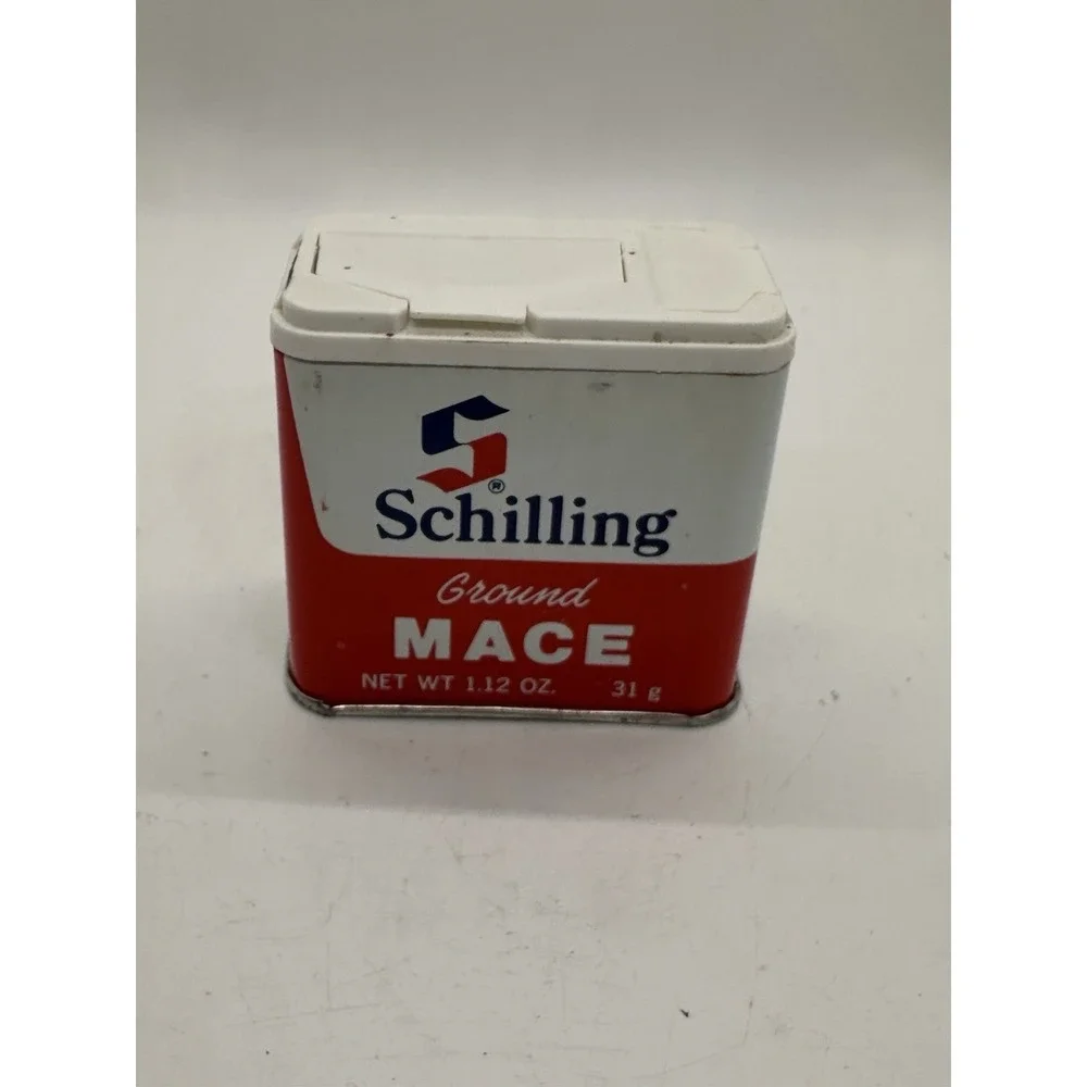 Vintage‎ Schilling Ground Mace Spice Tin Metal Can White Lid McCormick 1.12 Oz
